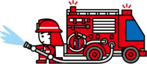 消防自動車とホースを持っている消防団員のイラスト
