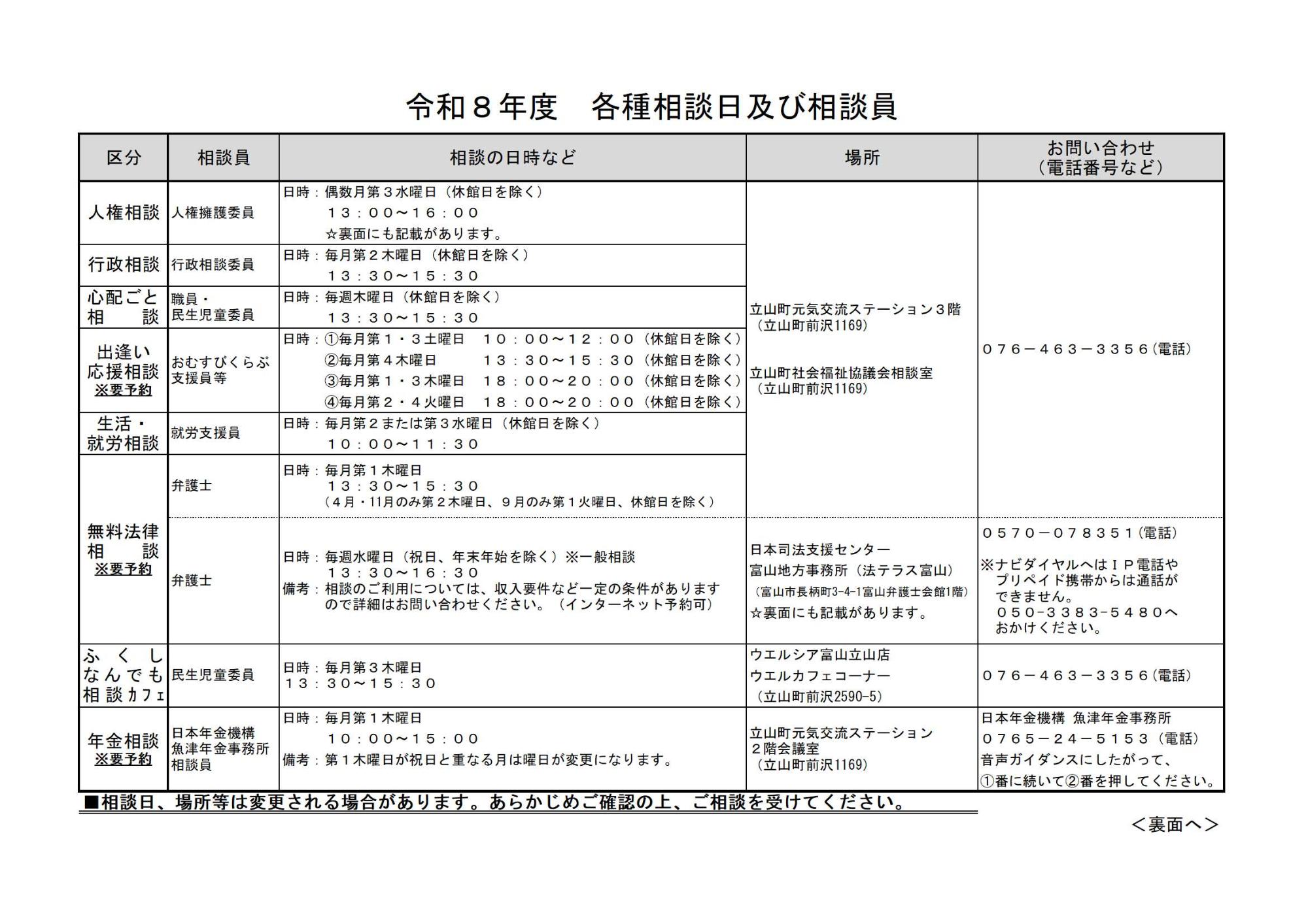令和8年度各種相談日及び相談員のお知らせ【表】