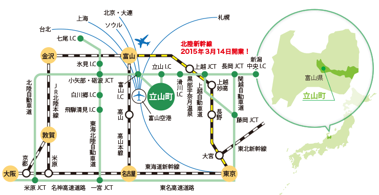 立山町から主要都市までの空路及び陸路を示した図と富山県立山町を示した日本地図