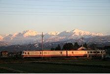 後方には雪の降り積もった山々が連なり、手前の田んぼの中を2両の電車が走っている写真
