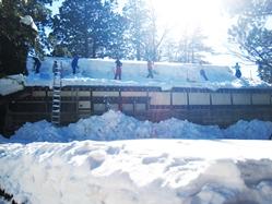 家の前や屋根に沢山の雪が降り積もっており、屋根に梯子をかけて7名の人が登り、雪下ろしをしている写真