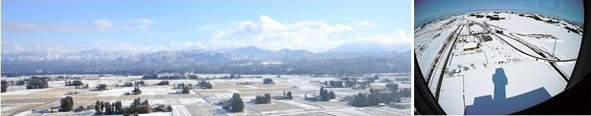 左：遠くには山並みが連なり、手前には雪が少し積もった富山平野が広がっている写真、右：上空から見た雪の降り積もった真っ白な富山平野の写真
