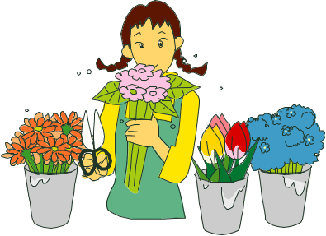 女性が花束に囲まれて、ピンク色の花束を持っているイラスト