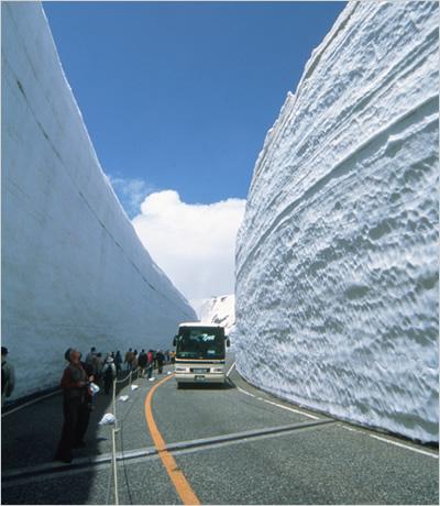 雪でできた壁を見上げたり、散策している観光客の方々と1台のバスが通っている写真